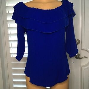 INK INTERNATIONAL LADIES  RUFFLED ROYAL BLUE BLOUSE SIZE LARGE WITH 3/4 SLEEVE